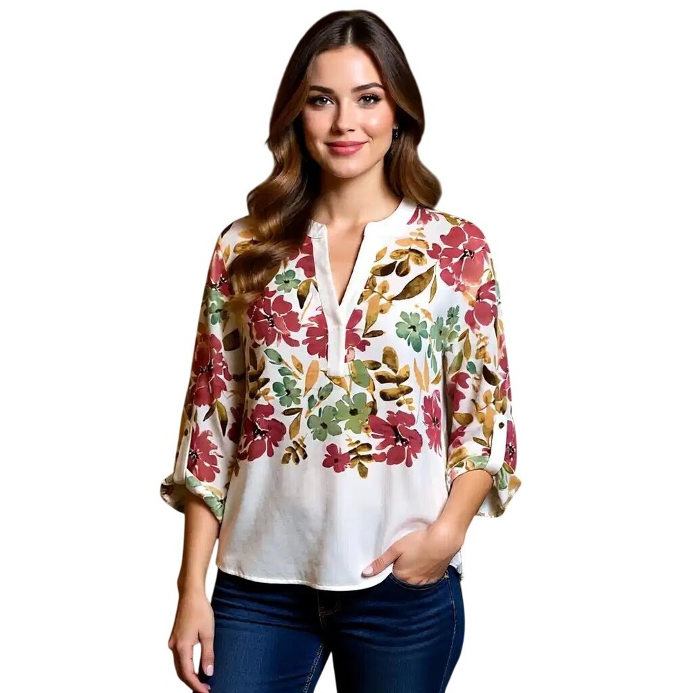 Como Black Floral Roll-Tab Sleeve Split Neck Blouse White Small  NWT